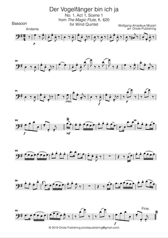 Mozart - Der Vogelfänger bin ich ja for Wind Quintet