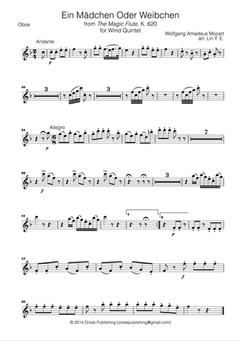 Mozart - 'Ein Maedchen Oder Weibchen' for Wind Quintet